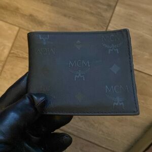 MCM wallet logo black canvas leather trim